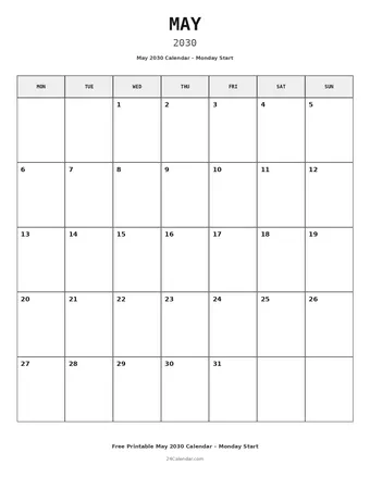 May 2030 Monday Start Calendars
