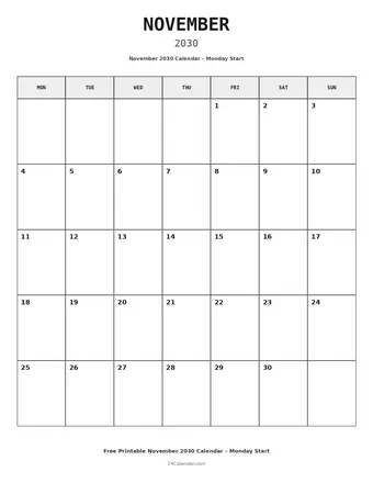 November 2030 Monday Start Calendars