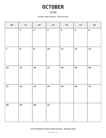 October 2030 Monday Start Calendars