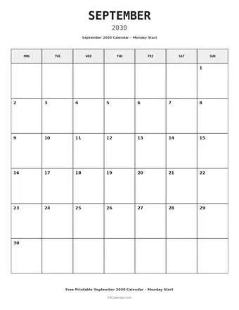 September 2030 Monday Start Calendars