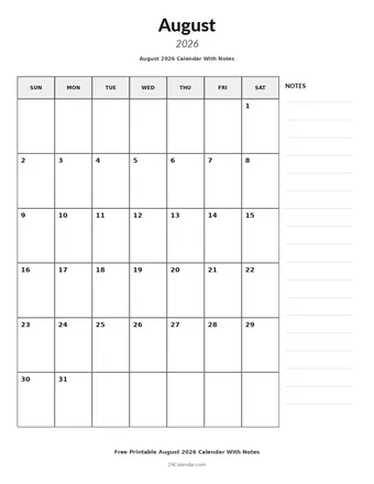 August 2026 Calendars With Notes