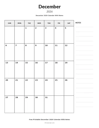 December 2026 Calendars With Notes
