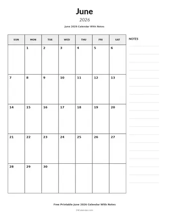 June 2026 Calendars With Notes
