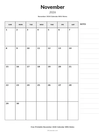 November 2026 Calendars With Notes