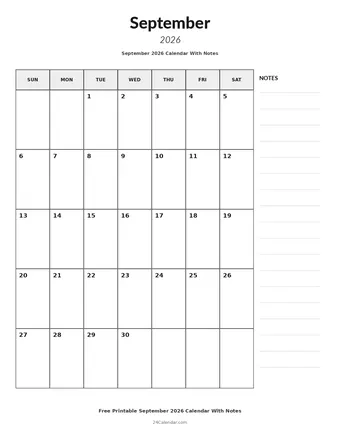 September 2026 Calendars With Notes