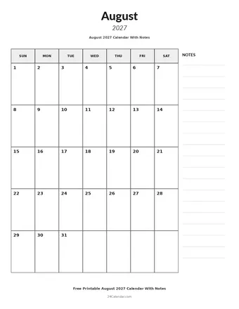 August 2027 Calendars With Notes