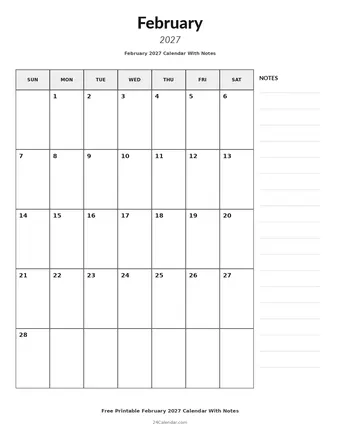 February 2027 Calendars With Notes