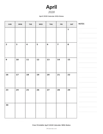 April 2028 Calendars With Notes