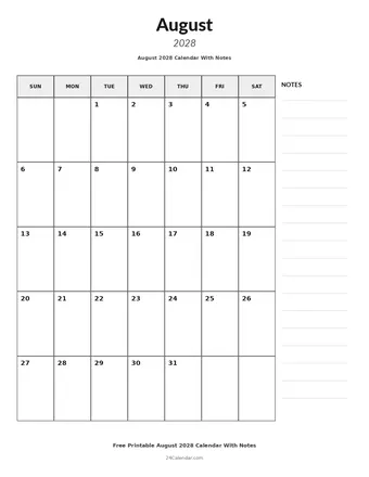 August 2028 Calendars With Notes