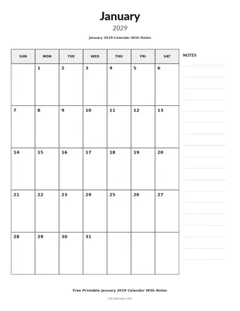 January 2029 Calendars With Notes