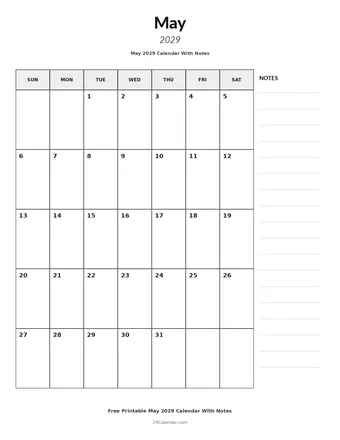 May 2029 Calendars With Notes