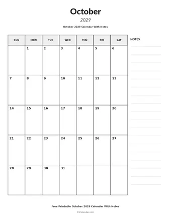 October 2029 Calendars With Notes