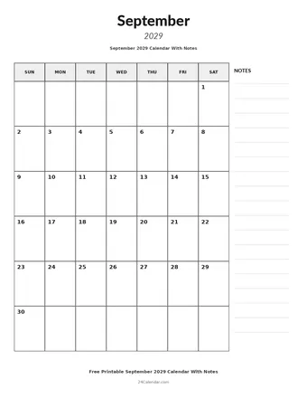 September 2029 Calendars With Notes