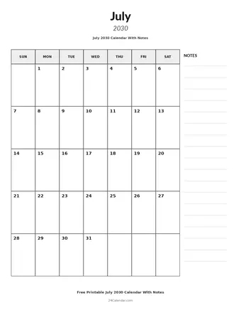July 2030 Calendars With Notes